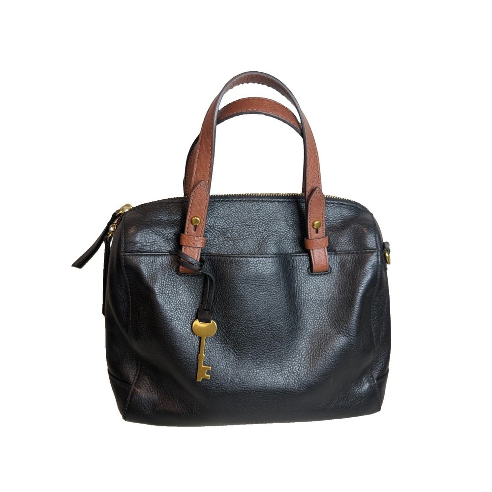 Fossil Black Satchel Top Handle Bag Key Accent Gold Hardware  No‎ Long Strap